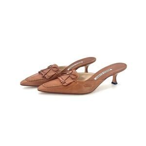 Vintage Manolo Blahnik  Bow Fringe Detail Pointed Toe Kitten Heel Mules 39.5